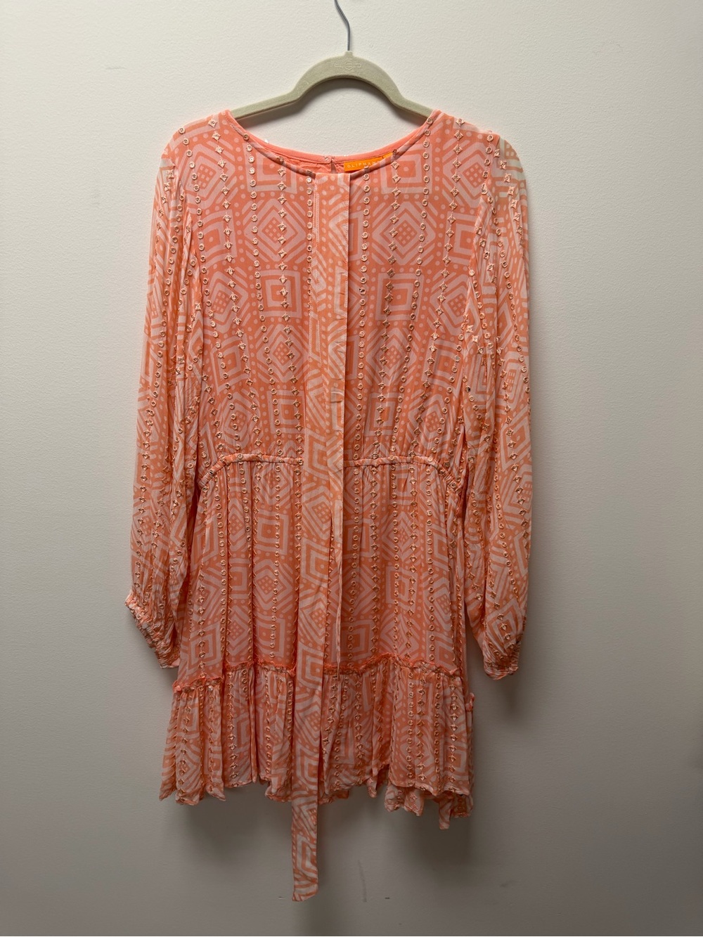 Oliphant Peach Geometric Long Sleeve Tiered Dress